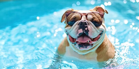 Dog is in a pool wearing sunglasses