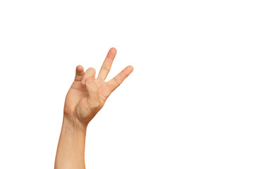 Man hand with victory gesture on a white background with copy space