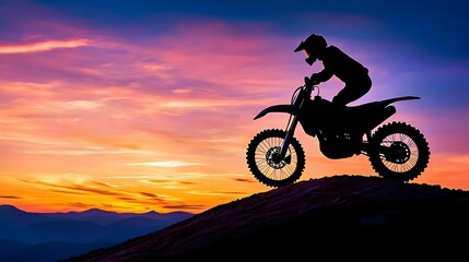 Silhouette of a Motorbike Rider on a Hilltop Against a Vibrant Sunset Sky with Shades of Purple, Orange, and Yellow, Highlighting Adventure and Freedom in a Scenic Landscape