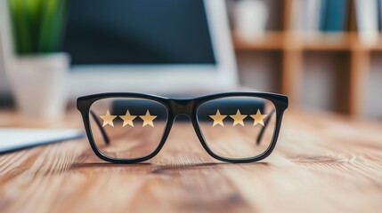 A pair of glasses on a wooden desk, displaying five golden stars, symbolizing reviews or ratings in a modern office setting.
