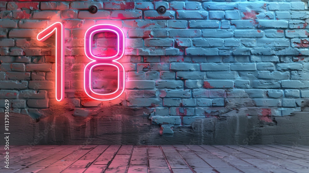 Aufkleber vibrant neon number 18 and glowing illuminated number two in 3d on a dark background design