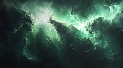 Obraz premium Mystical Green Nebula Cloud Formation with Ethereal Light Glow, Space-Themed Digital Art Depicting a Dreamy Cosmic Universe with Abstract Atmospheric Energy and Textured Details