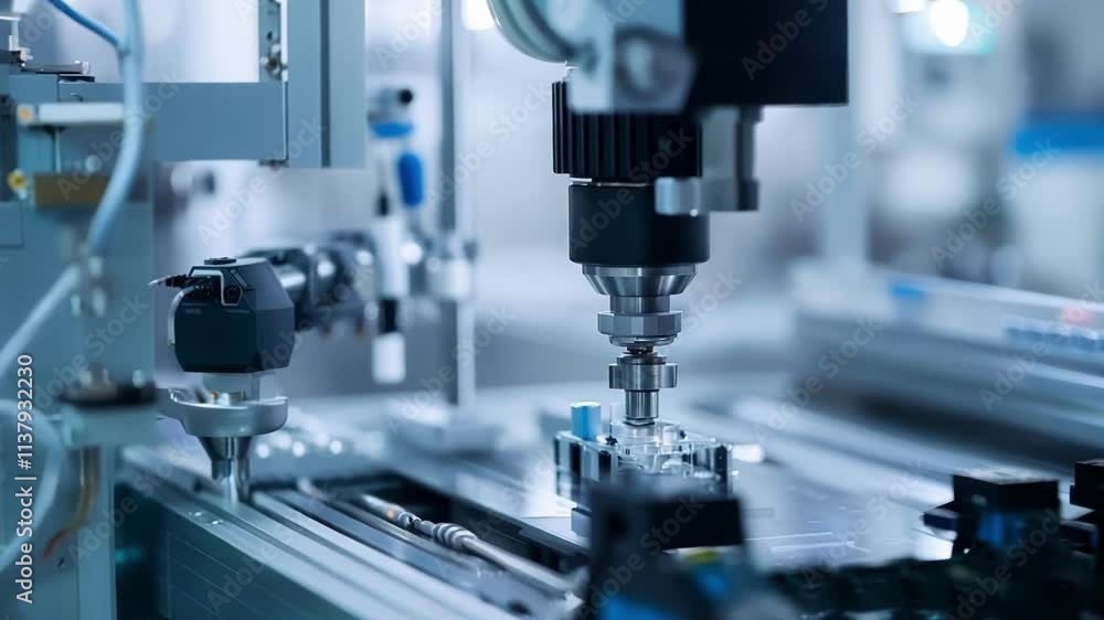 Poster robotic arm is picking and placing electronic components on a circuit board in a modern factory. the