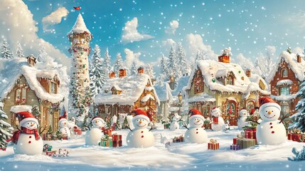 Celebrate the festive season with this merry Christmas and happy New Year greeting card. Amidst a picturesque Christmas landscape, numerous snowmen stand tall, creating a charming winter wonderland. 
