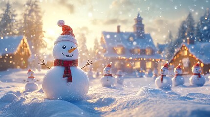 Obraz premium Celebrate the festive season with this merry Christmas and happy New Year greeting card. Amidst a picturesque Christmas landscape, numerous snowmen stand tall, creating a charming winter wonderland. 