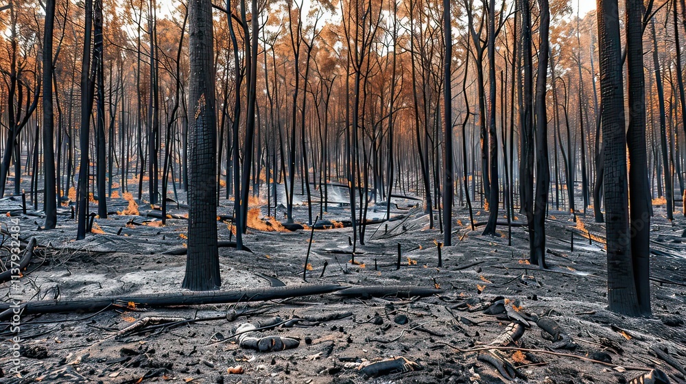Poster burned trees and blackened ground in the aftermath of an amazon fire.