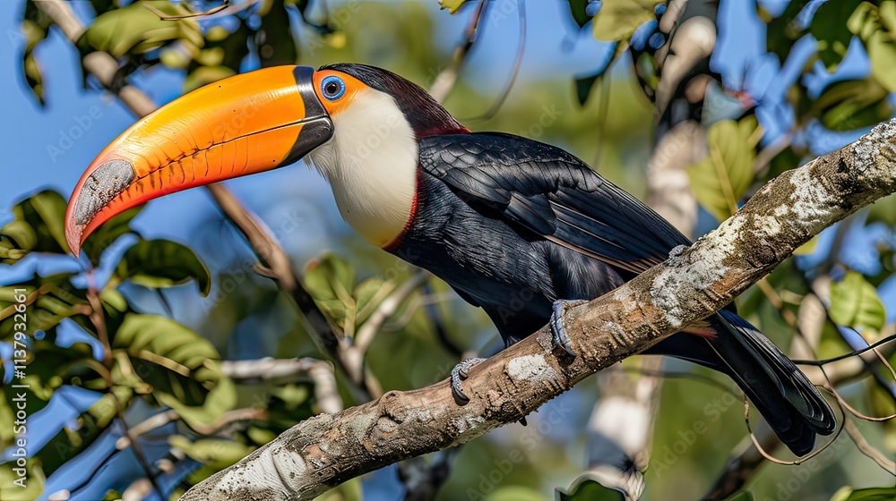 Poster a colorful toucan perched on a tree branch in the amazon.