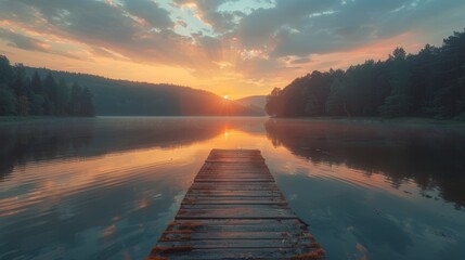 Fototapeta premium Serene sunrise over calm lake with wooden dock.