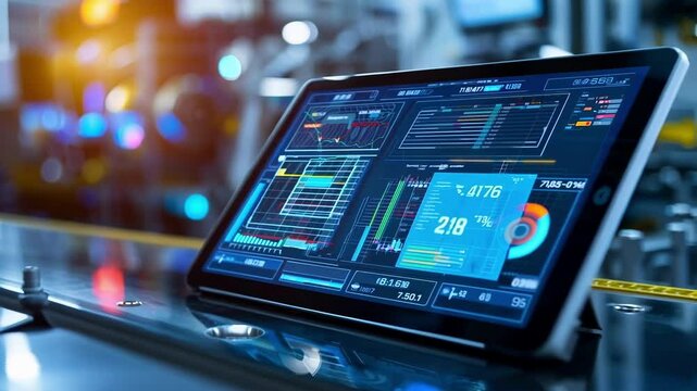 Digital tablet displaying various statistics related to product manufacturing in a high tech factory environment. Data reflects performance and efficiency in an automated production process