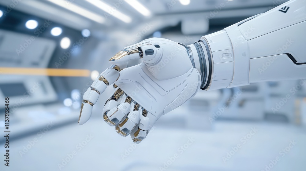 Poster an engineer attaching the last arm to a humanoid robot in a high-tech lab