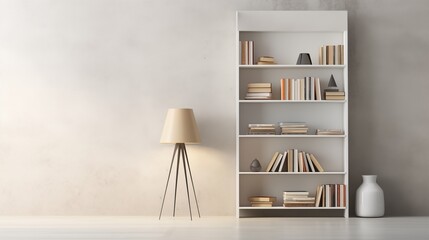 Minimalist modern bookshelf with a light, neutral background, space on the right, Soft Natural Light,generative ai illustration