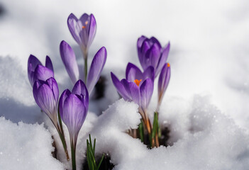 Purple Crocuses Blooming Through Snow in Early Spring Close-Up
