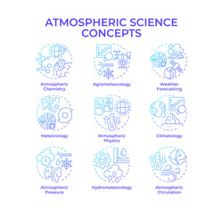 Atmospheric sciences blue gradient concept icons. Studying patterns of weather phenomena. Meteorology forecasting. Icon pack. Vector images. Round shape illustrations for article. Abstract idea
