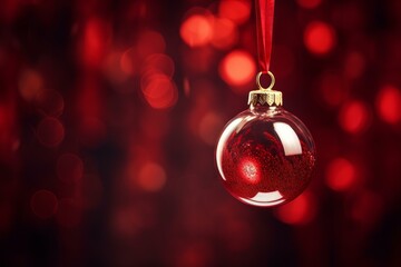 Fototapeta premium Elegant red christmas ornament hanging on a ribbon against a festive red bokeh background