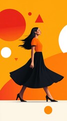 Stylish woman in a vibrant dress walking gracefully against a bold orange background with geometric shapes, embodying elegance and modern design aesthetics.