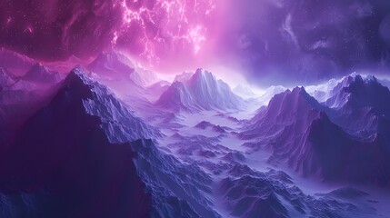A purple and pink nebula above a white mountain range on a distant planet.