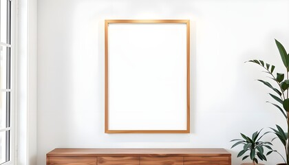 Portrait Mockup wooden frame on white wall.