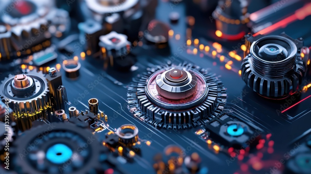 Aufkleber detailed close-up of futuristic gear mechanisms and electronic components with intricate patterns an