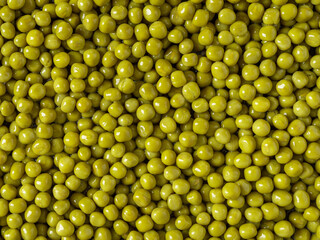 Canned organic green peas background. Texture of wet marinated sweet pea closeup. Vegetable protein, dietary fiber, vegetarian food concept.
