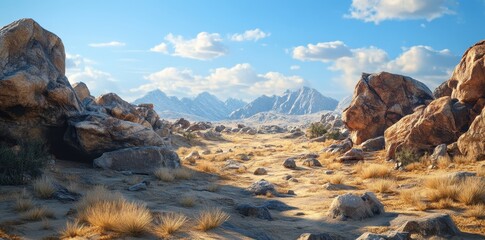 Obraz premium Rocky Desert Landscape with Snowy Mountain Range in the Background