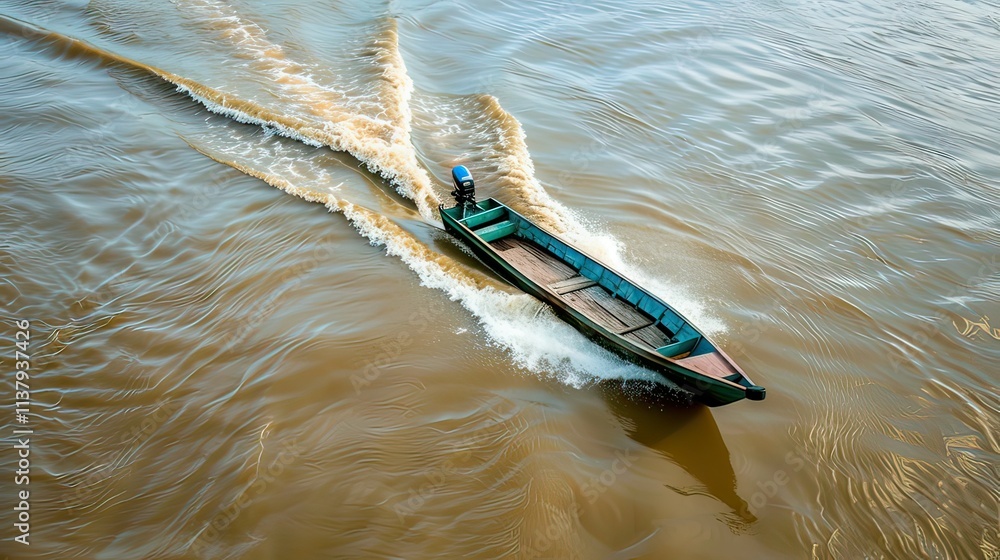 Poster a small boat navigating through a calm section of the amazon river.