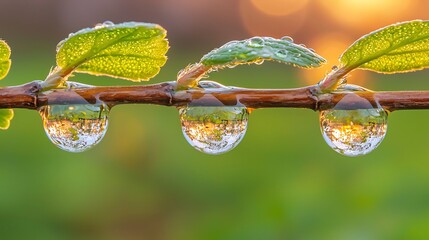 Sunrise Dewdrops on Branch  Nature Macro Photography