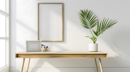 Modern Minimalist Workspace with Green Plant and Empty Frame