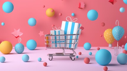 Gifts in shopping cart with colorful balloons and confetti.