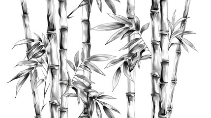 Black and White Illustration of Elegant Bamboo Stalks and Leaves