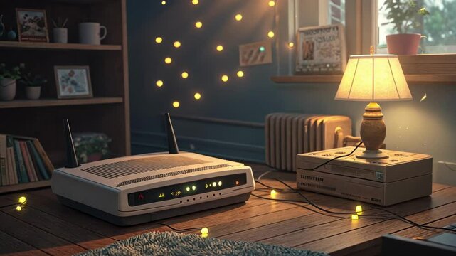 Memory Lane A vintage modem occupies a cozy nook highlighted by a series of brightly blinking indicators. The room is filled with the echoes of distant phone connections and the