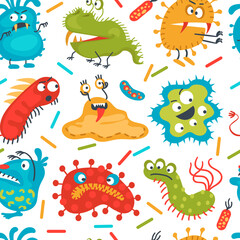 Funny bright bacteria seamless pattern. Germ characters. Repeated print. Viruses and microbes. Unicellular organisms. Disease pathogen. Microscopic monsters. Splendid vector background