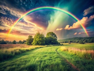 Naklejka premium Vintage Rainbow Photography: Retro Hues, Nature's Arc, Colorful Sky, Stunning Landscape, Beautiful Photograph