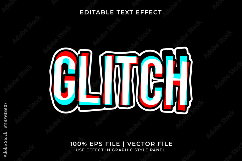 Poster 3d editable glitch vector text effect. red and blue gradient text effect