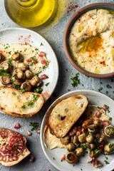 Grilled mashrooms, fresh vegetables and herbs vegetarian meal