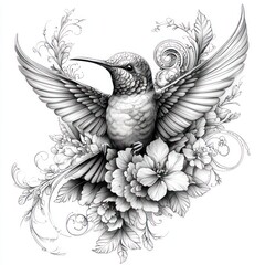 Fototapeta premium Monochrome hummingbird amidst floral swirls.