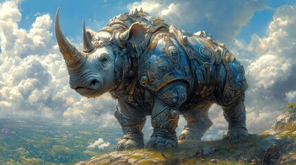 Armored rhinoceros standing on a mountaintop under a cloudy sky.