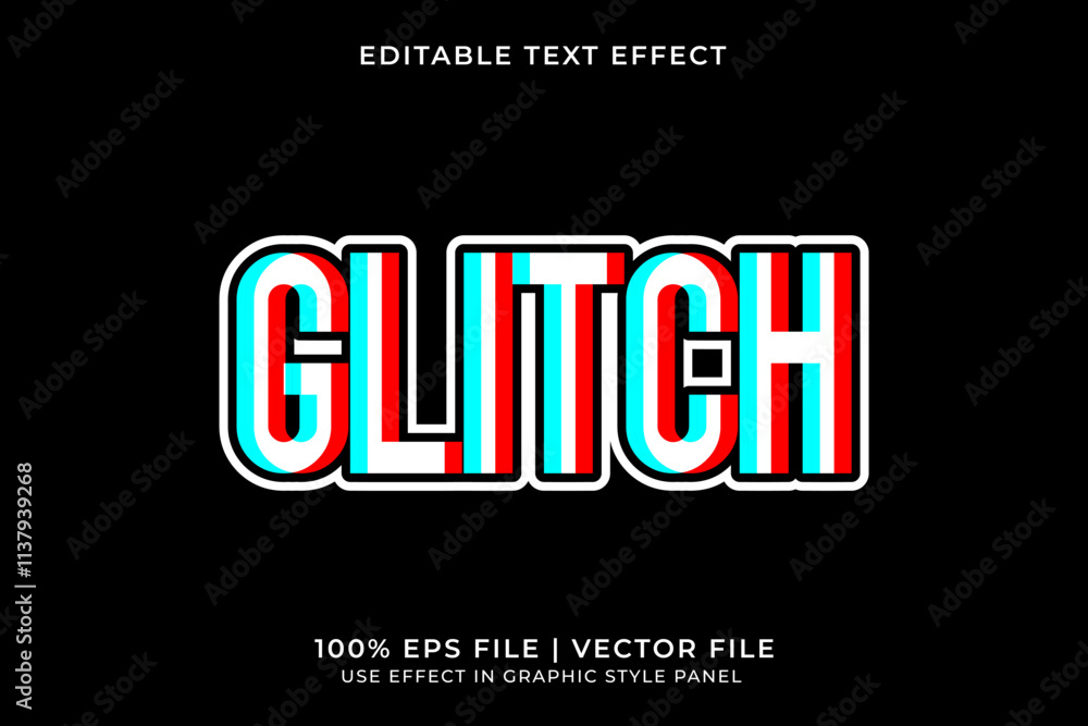 Poster 3d editable glitch vector text effect. red and blue gradient text effect