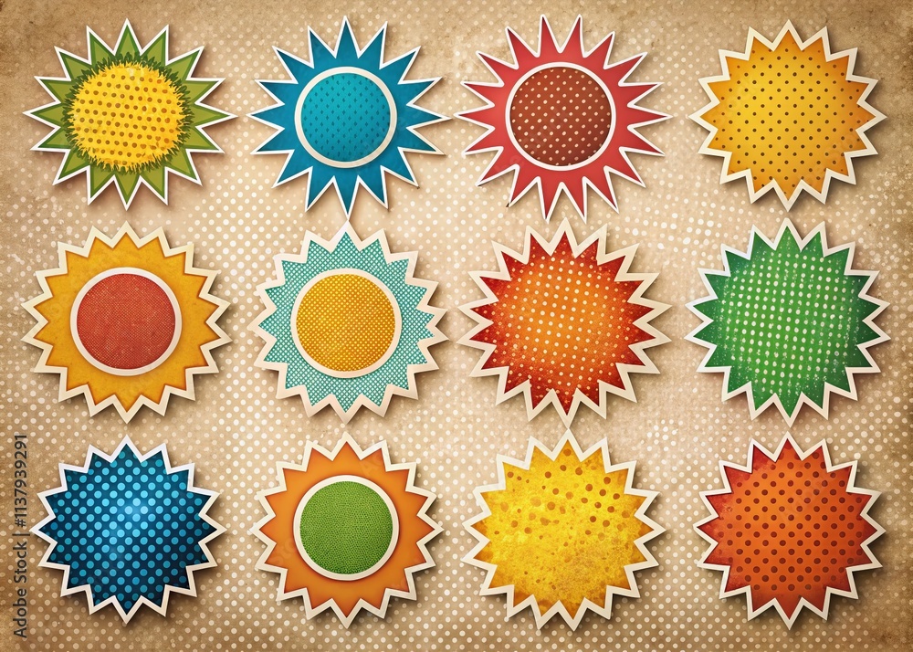 Poster vintage round halftone star burst sticker frame with dotted circles for creative design projects, id