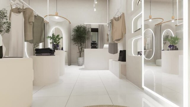 Luxury boutique interior with modern decor, designer clothing, accessories, large mirrors, and decorative plants in a bright setting.