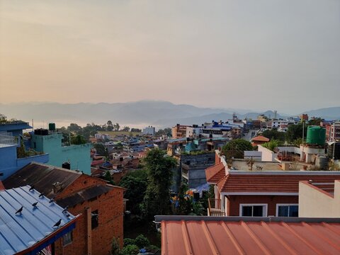 Houses mountain sunset Tansen city Nepal. High quality photo