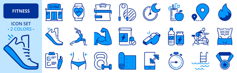 Icons in two colors about fitness.