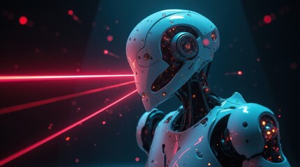 Futuristic Robot Under Colorful Laser Beams
