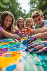 A close-up of five children painting together on a large canvas outdoors