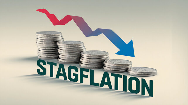Stacked coins with downward arrow symbolizing stagflation  
