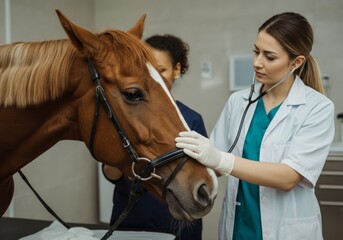 Female veterinarian performing checkup on chestnut horse in clinic