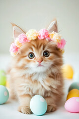 A playful kitten with a floral crown and soft coat embodies spring among pastel eggs.