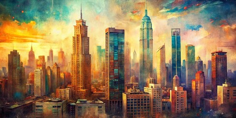 Obraz premium Vintage Style Artistic Painting of Skyscrapers in Abstract Form, Capturing the Essence of Urban Cityscapes with a Unique Blend of Colors and Textures for Creative Decor