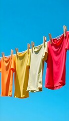 Colorful Shirts Swaying on Clothesline with Clear Blue Sky Backdrop