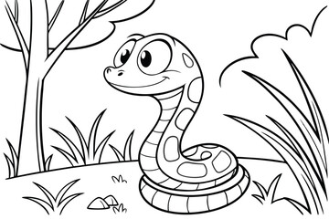 cute Rattlesnake, some grass and a tree, coloring book