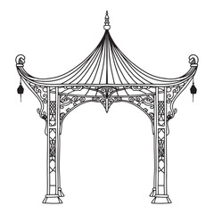 ANTIQUE METAL roof. Black on white sketch of wrought iron garden visor. Church visor with scrolls and leaves.